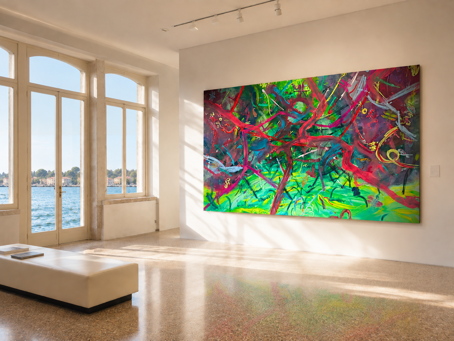Forgot to tell the dragonflies to come home after dark displayed in a sunlit gallery